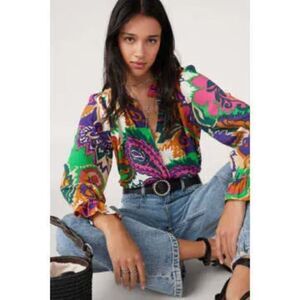 BA&SH Women's "Natsy Graphic Crinkle" Button Down Blouse Top Size XS